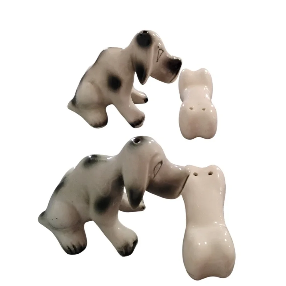 Vintage Japan Dog Salt & Pepper Shakers‎ Bone Stoppers Mid Century Ceramic
